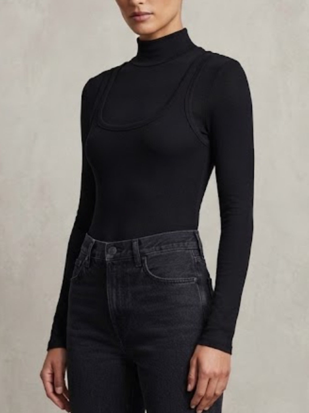 Women’s Black Long-Sleeve Mock Neck Layered Tank Top